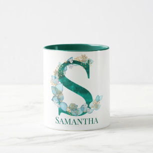 Aquamarine Farbe und Goldmonogramm-Buchstaben S Tasse