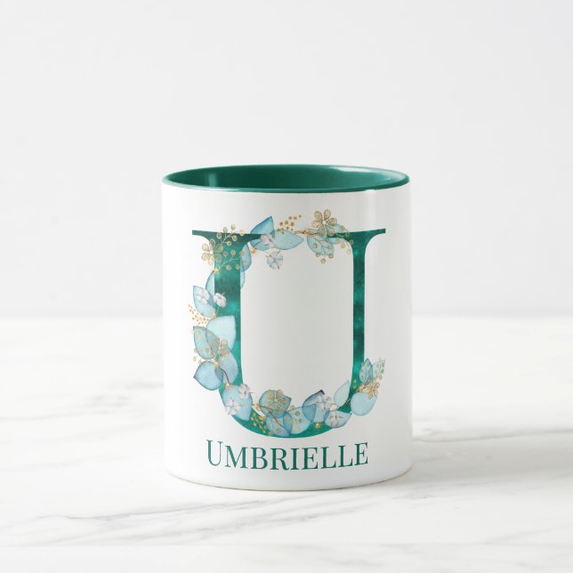 Aquamarine Farbe und Goldmonogramm Buchstaben U Tasse (Zentrum)