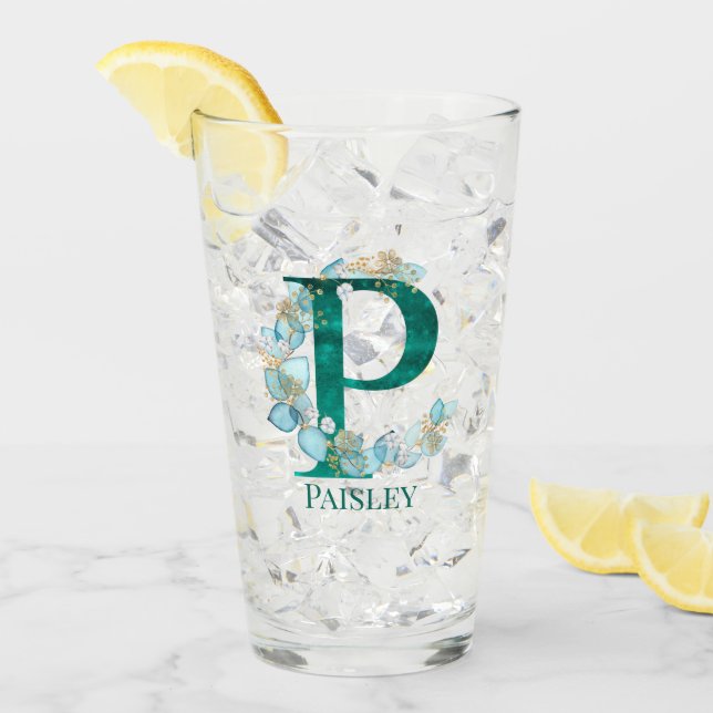 Aquamarine Farbe und Goldmonogramm-Letter P Glas (Vorderseite Ice)