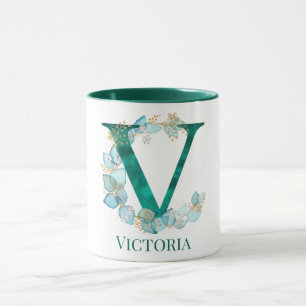 Aquamarine Farbe und Goldmonogramm Letter V Tasse