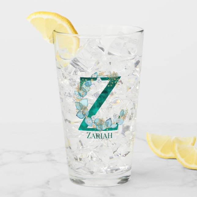 Aquamarine Farbe und Goldmonogramm-Letter Z Glas (Vorderseite Ice)