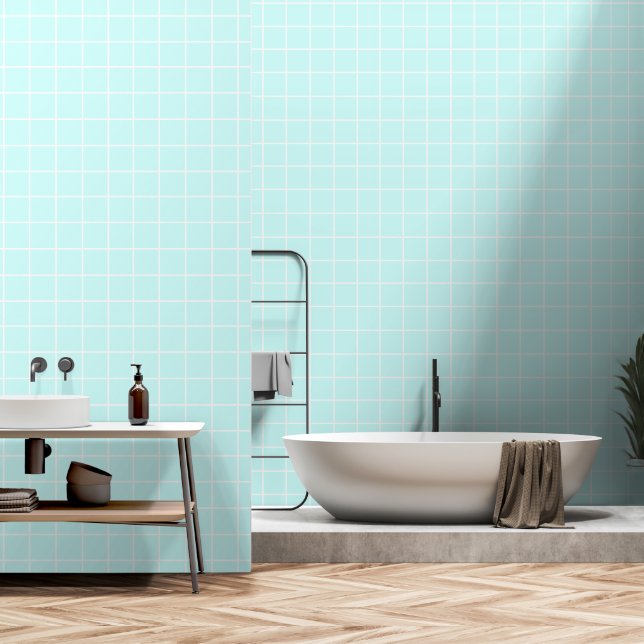 Aquamarine Farbkacheldesign mit weißem Streifen Tapete (Badezimmer)