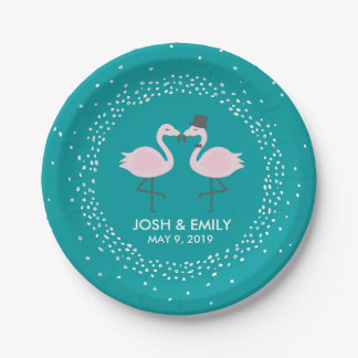 Aquamarine Flamingo Wedding Bride & Groom Pair Pappteller