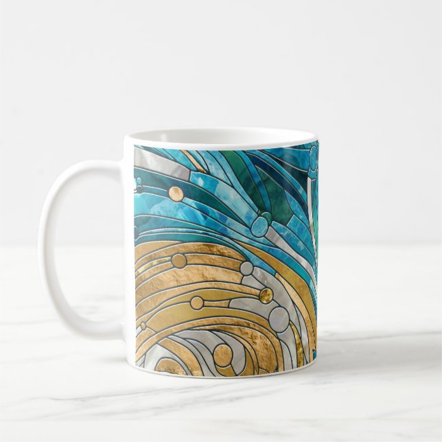 Aquamarine Fluss Abstrakt Mosaik Kunst, Dichtung u Kaffeetasse (Links)