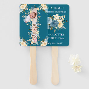 Aquamarine FotoCollage 1. Geburtstag Blaue gelbe B Fächer