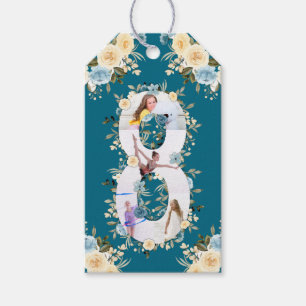 Aquamarine FotoCollage 8. Geburtstag Blaue gelbe B Geschenkanhänger