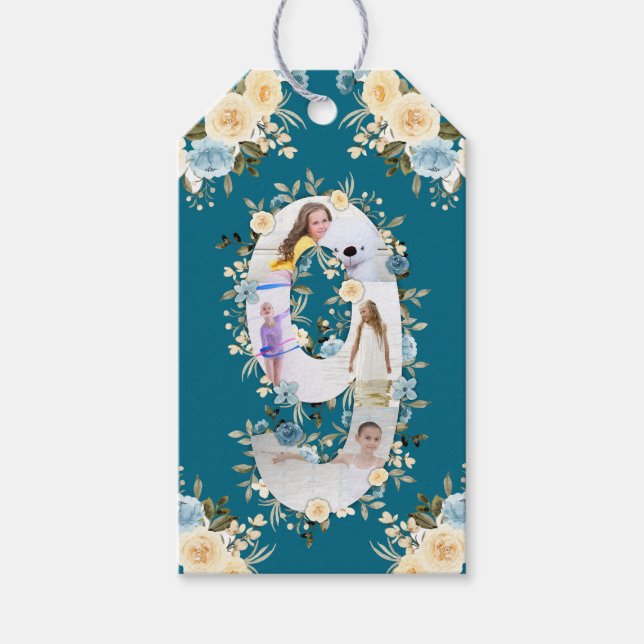 Aquamarine FotoCollage 9. Geburtstag Blaue gelbe B Geschenkanhänger (Vorderseite)