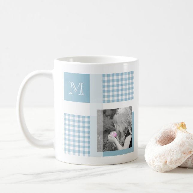 Aquamarine Fügen Sie Ihr Foto Gingham Moderne Mono Kaffeetasse (Mit Donut)