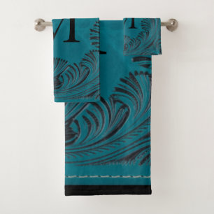Aquamarine geschliffene Imitate Leder Western Blum Badhandtuch Set
