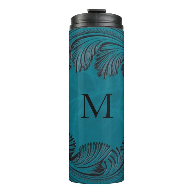 Aquamarine geschliffene Imitate Leder Western Blum Thermosbecher (Vorderseite)