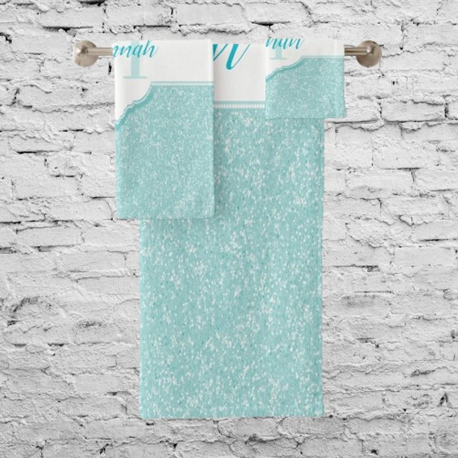Aquamarine Glitzer Monogram Badehandtücher Badhandtuch Set (Teal Glitter Monogram Bath Towels)