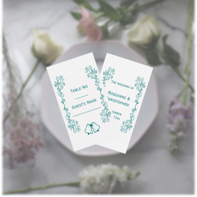 Aquamarine Glocken-Scrollwork-Hochzeit Platzkarte (Teal wedding place setting card bells and scrollwork design)