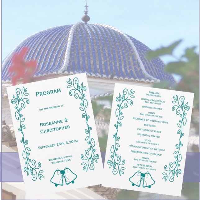 Aquamarine Glocken-Scrollwork-Hochzeit Programm (Teal bells scrollwork wedding church program)
