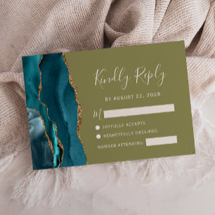 Aquamarine Gold Agate Olive Green Wedding RSVP Car Karte