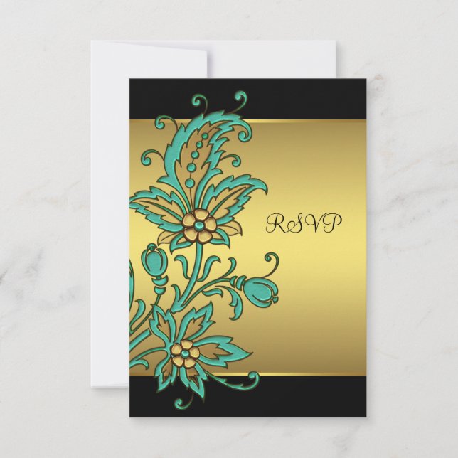 Aquamarine Gold Blume Black Gold Bat Mitzvah UAWG RSVP Karte (Vorderseite)
