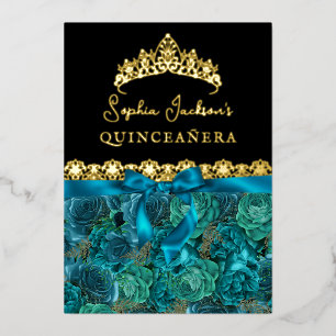 Aquamarine Gold Floral Rosen Quinceanera Folieneinladung