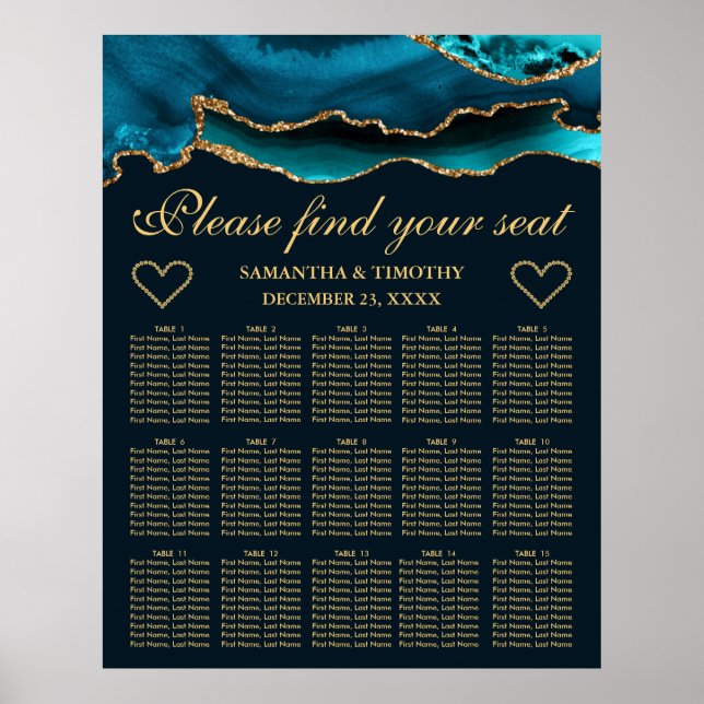 Aquamarine Gold Imitate Glitzer Agate Hochzeitskar Poster (Vorne)