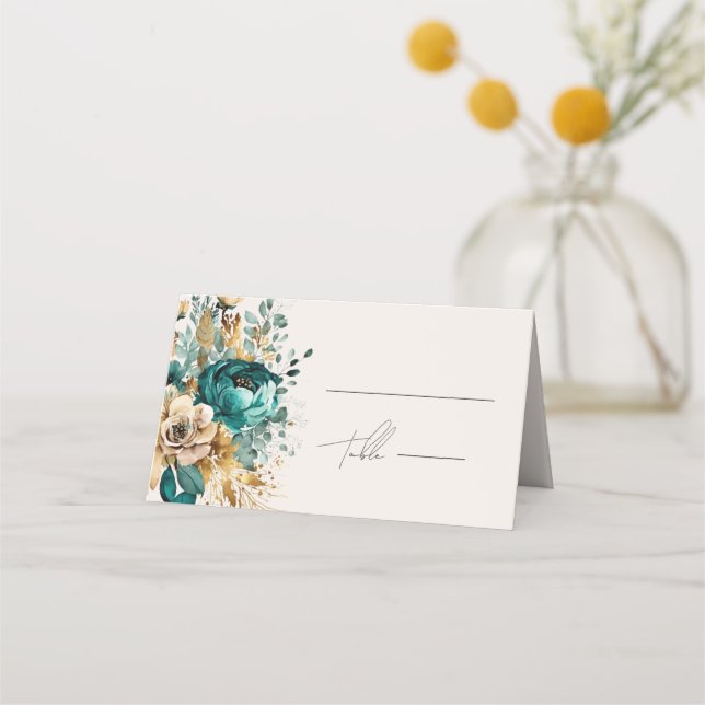 Aquamarine Gold Luxe Floral Wedding Platzkarte (Vorderseite)