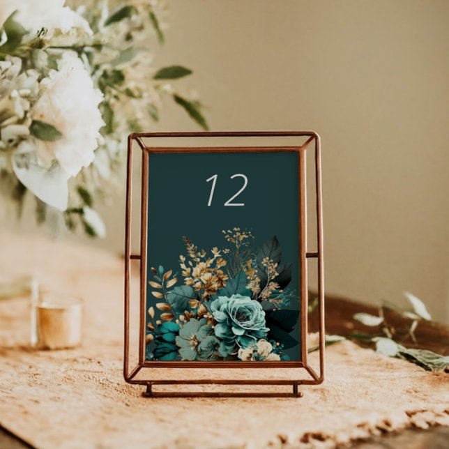 Aquamarine Gold Luxe Floral Wedding Table Card Tischnummer (Von Creator hochgeladen)