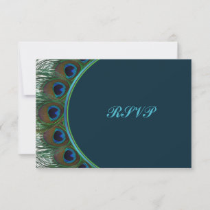 Aquamarine, Gold Peacock Feathers RSVP Card Karte