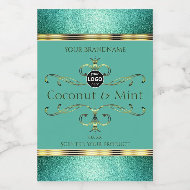 Aquamarine Gold Product Labels Glitzer Borders wit Lebensmitteletikett (Einzelnes Label)