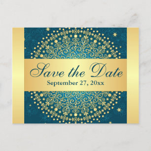 Aquamarine, Gold Scrolls Save the Date Karte