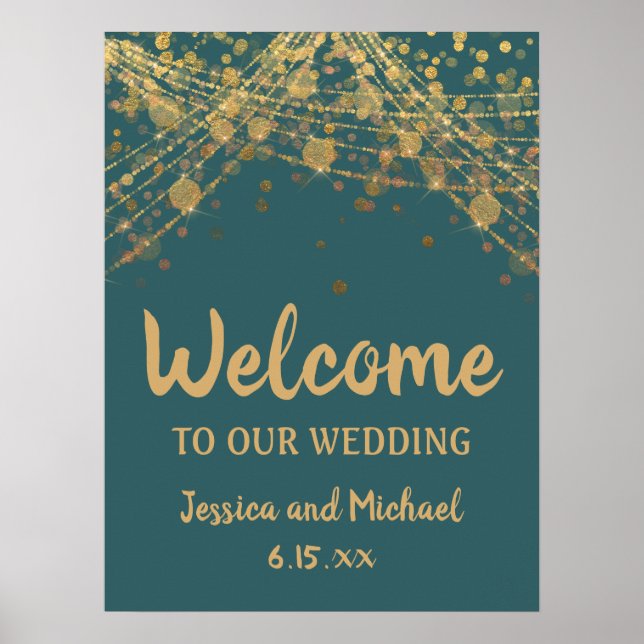 Aquamarine Gold String Lights Bokeh Hochzeit Willk Poster (Vorne)