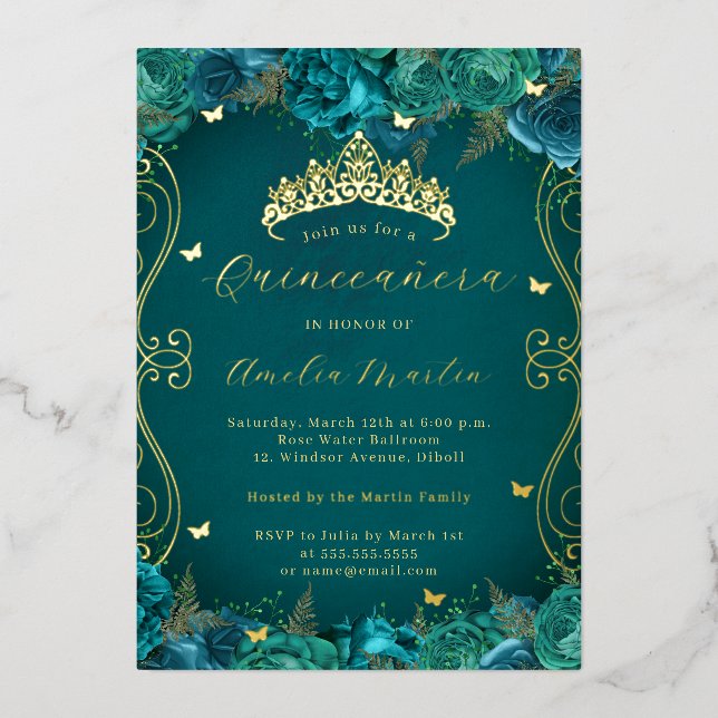 Aquamarine Goldcroll Quinceanera Folieneinladung (Vorderseite)