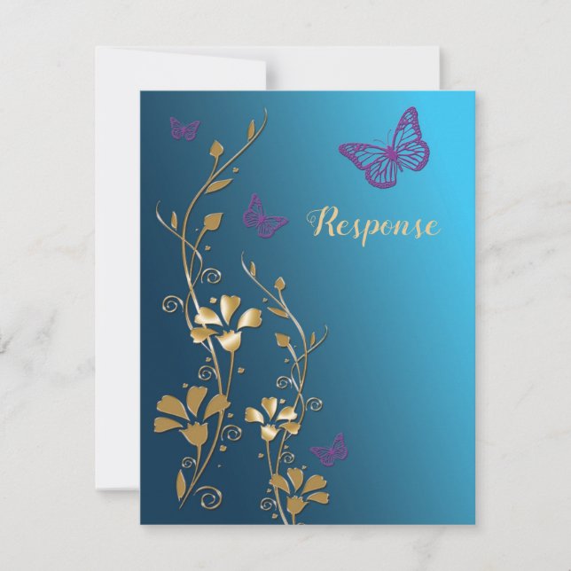 Aquamarine, goldene, violette Blumen und Schmetter RSVP Karte (Vorderseite)