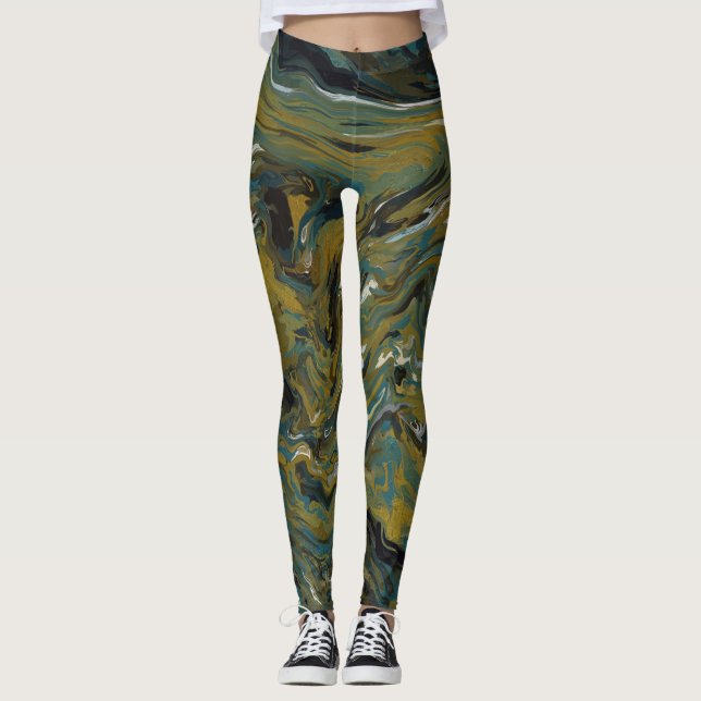 Aquamarine, goldene, weiße und schwarze Öle Leggings (Vorderseite)