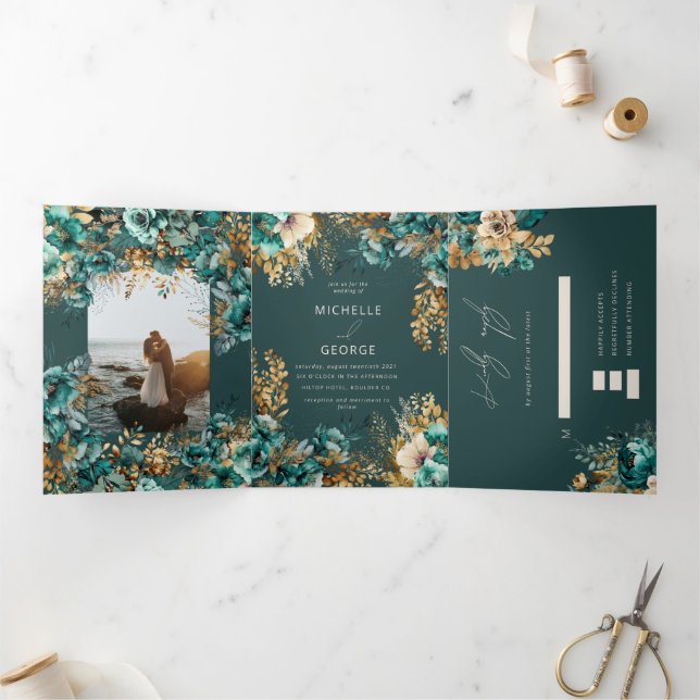 Aquamarine Goldflora Dreifach Gefaltete Einladung (Innenseite)