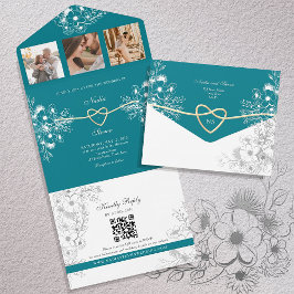 Aquamarine Goldflorale-Monogramm-Hochzeit All In One Einladung