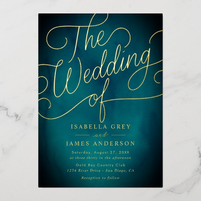 Aquamarine Goldkalligrafie-Hochzeit Folieneinladung (Vorderseite)