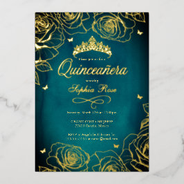 Aquamarine Goldkrone Rose Thema Quinceanera Folieneinladung