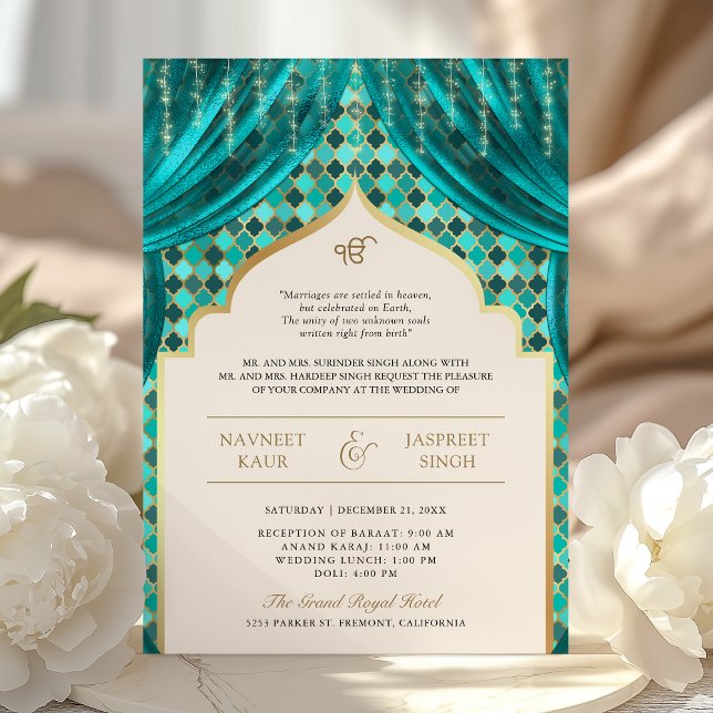 Aquamarine Goldquatrefolie QR Code Sikh Hochzeit Einladung (Von Creator hochgeladen)