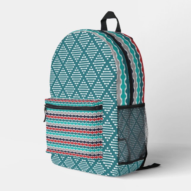 AQUAMARINE, GRAU SCHWARZE, ROTE GEOMETRISCHE PATTE BEDRUCKTER RUCKSACK (Rückseitige Ecke Rechts)