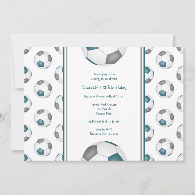 aquamarine graue Mädels Fußballgeburtstag oder Par Einladung (Vorderseite)