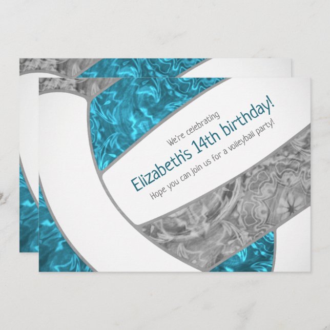 aquamarine graue Volleyball Geburtstagsparty Einladung (Vorne/Hinten)