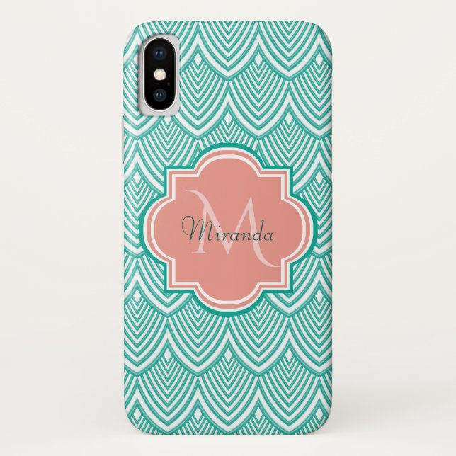 Aquamarine Green Art Deco Fischskala Rosa Monogram Case-Mate iPhone Hülle (Rückseite)