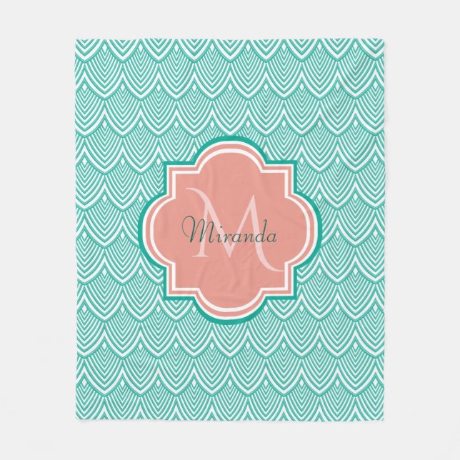 Aquamarine Green Art Deco Fischskala Rosa Monogram Fleecedecke (Vorderseite)