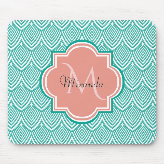Aquamarine Green Art Deco Fischskala Rosa Monogram Mousepad (Vorne)