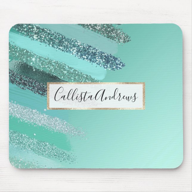 Aquamarine Green Blue Glitzer Pinselstriche Mousepad (Vorne)