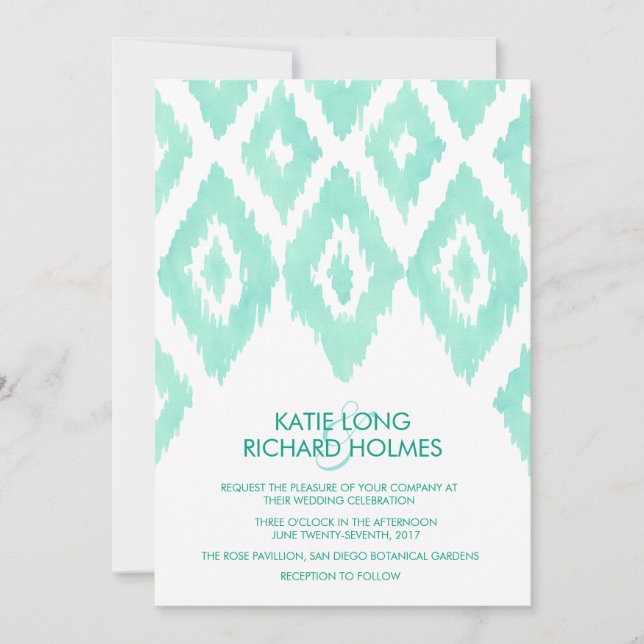Aquamarine Green Ikat Wedding Einladung (Vorderseite)