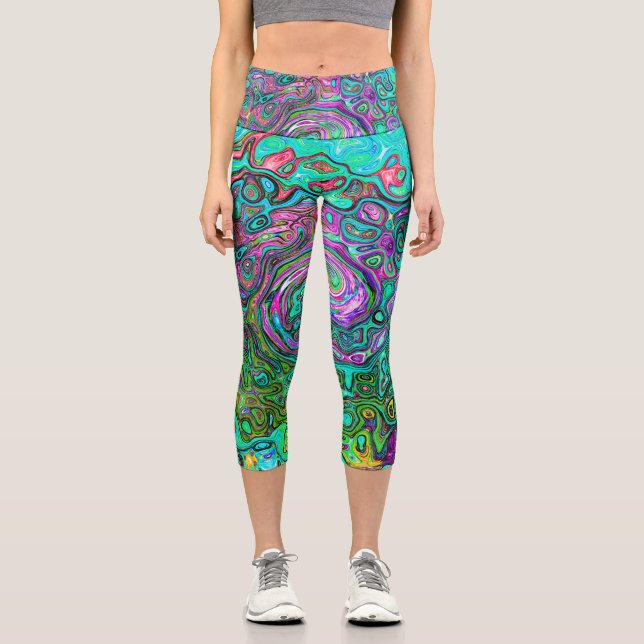 Aquamarine Groovy Abstrakt Retro Liquid Swirl Capri Leggings (Vorderseite)