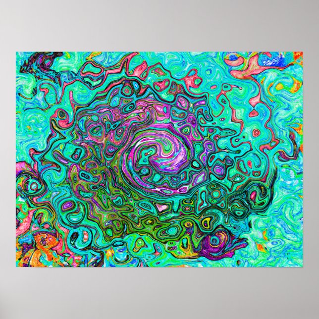 Aquamarine Groovy Abstrakt Retro Liquid Swirl Poster (Vorne)