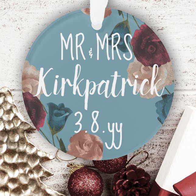 Aquamarine grüne Beige Burgund Hochzeiten Rose Wei Ornament (Newlywed Gift, Tree Ornament, Botanical Teal Green Burgundy Roses First Christmas, Bride and Groom)