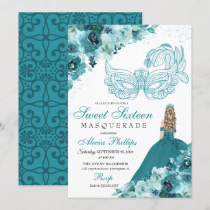 Aquamarine grüne Prinzessin Masquerade Sweet 16 Einladung