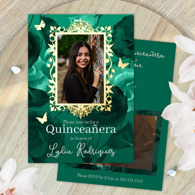 Aquamarine grüne Rose, Goldschmetterlinge Quincean Folieneinladung (green and gold quinceanera invitations )