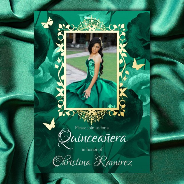 Aquamarine grüne Rose, Goldschmetterlinge Quincean Folieneinladung (Teal green and gold ornate gold photo frame, green quinceanera invitations with gold butterflies)