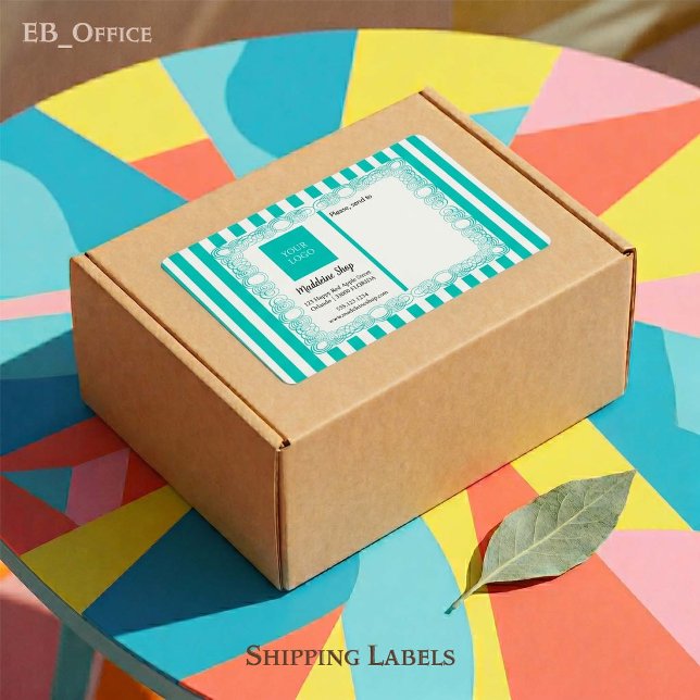 Aquamarine grüne Streifen und kurvenförmige Rahmen (Chic Teal & White Stripes with Logo.
Size: 3.75” L x 2” W - Eight labels per sheet
)